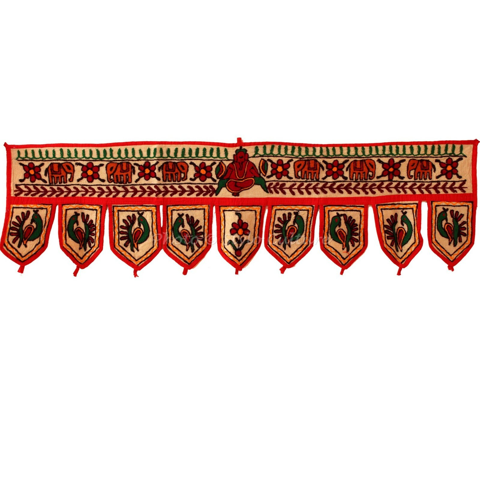 Ethnic Cotton Door Hanging Toran Ganesha Embroidered Window Topper Valance Cream