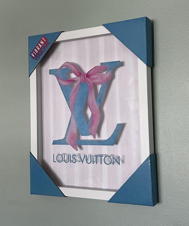 Beautiful Framed Louis Vuitton Wall Art 12”x 15” In Canvas Designer LV Pink Blue