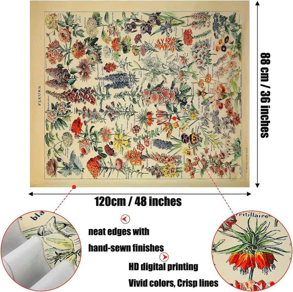 Vintage Flowers Tapestry 48”X36”, Long Vertical Wall Hanging Reference Illustrat