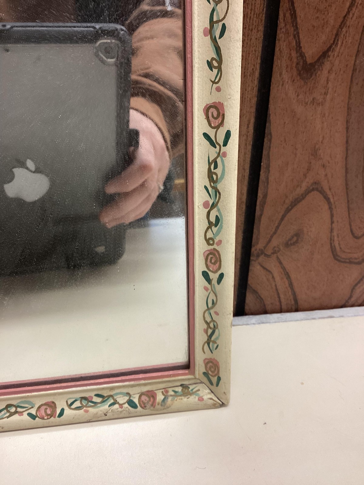 Hand Painted Rose Border Wood Wall Mirror Cottage Shabby Chic Rectangular Decor