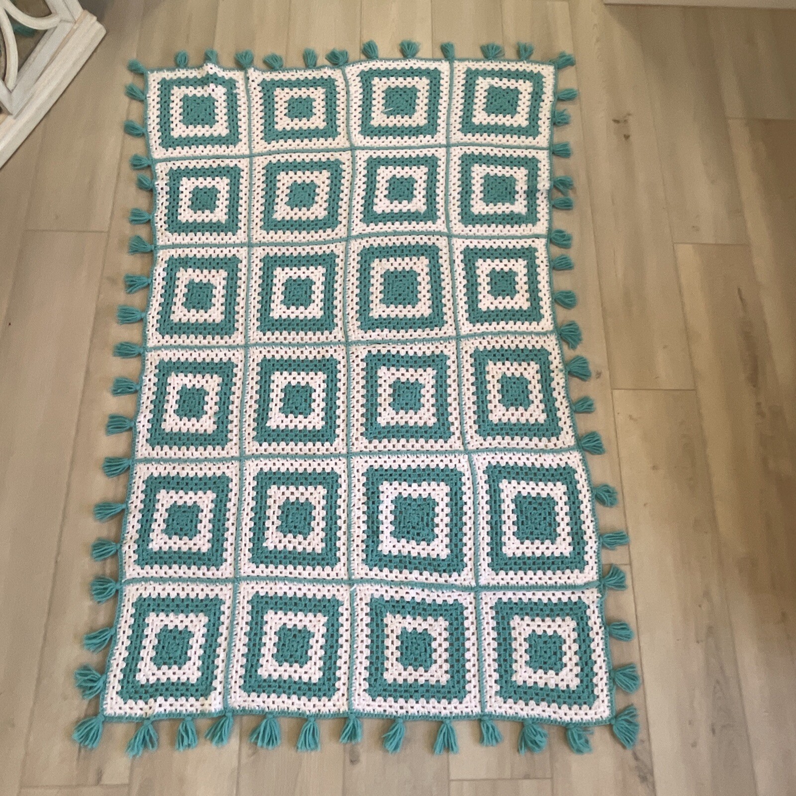 Vintage Blue & White Granny Square Crocheted Afghan Throw Blanket 72×43