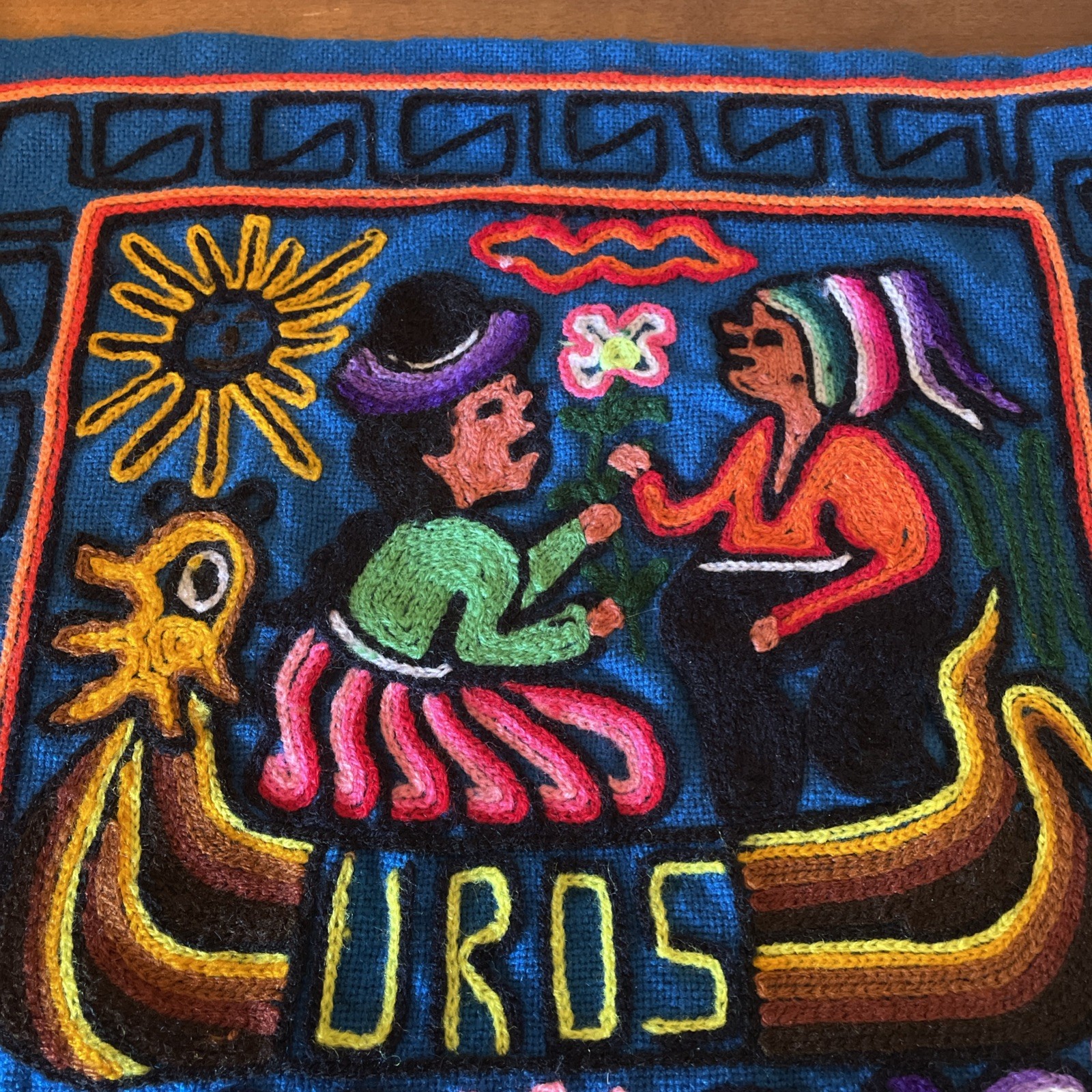 Vintage Peru Lake Titicaca Folk Art Wall Hanging Pillow Cover 16.5” Square Uros