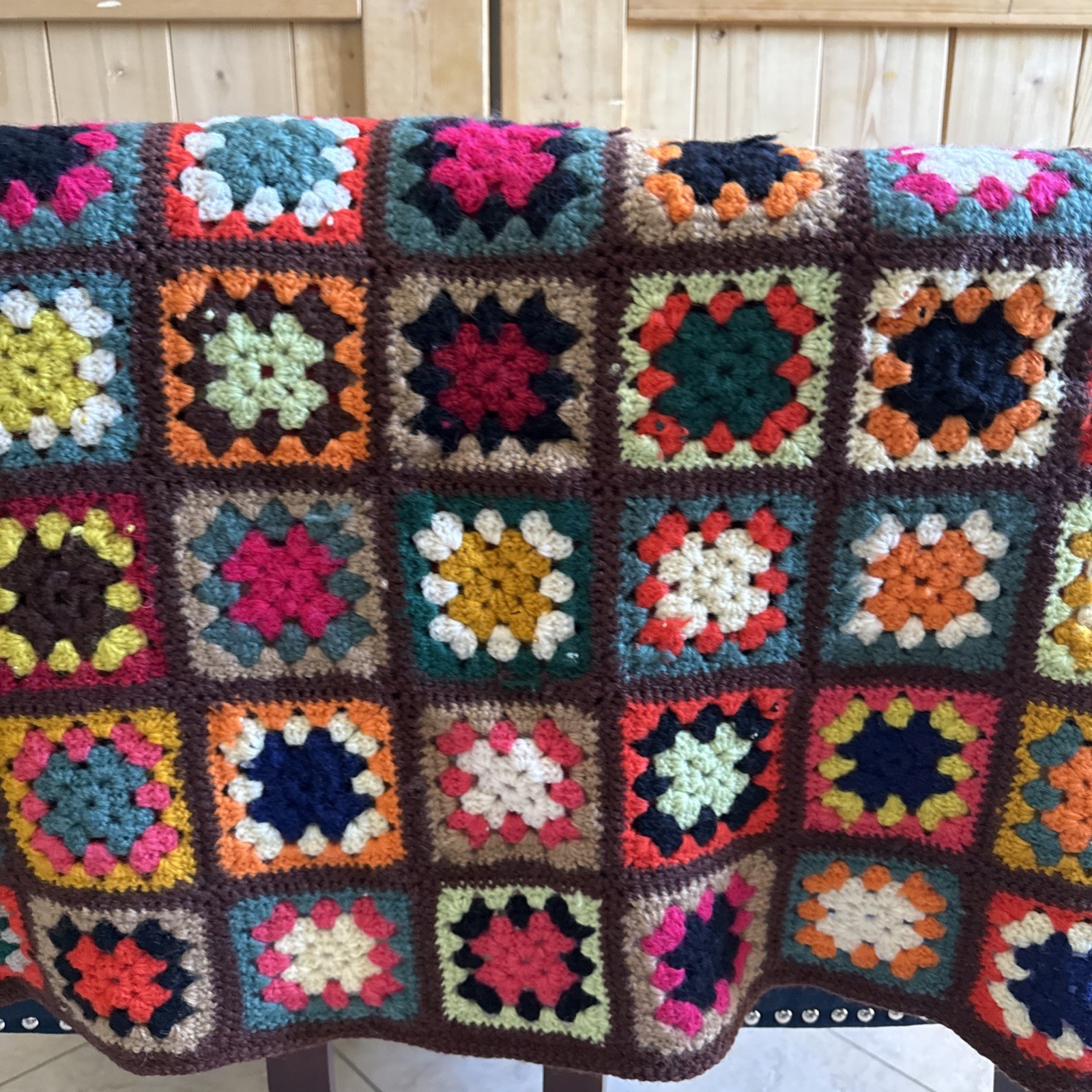 Vtg Handmade Black Granny Square Crochet Afghan Blanket Lap Throw 36 x 62 inches