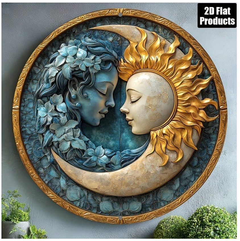 Sun And Moon Round Metal Wall Art Plaque – 8×8 Inches 2D Flat Aluminum Decorativ