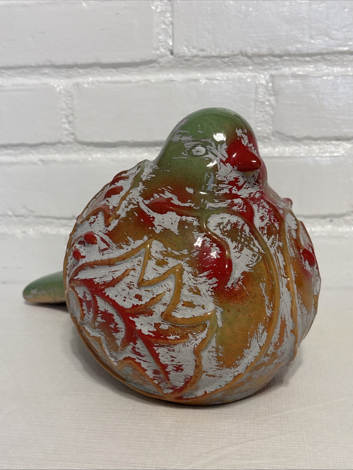 VINTAGE X-LARGE Ceramic Glazed Fat Bird Pottery Stoneware Green Red Orange Grey