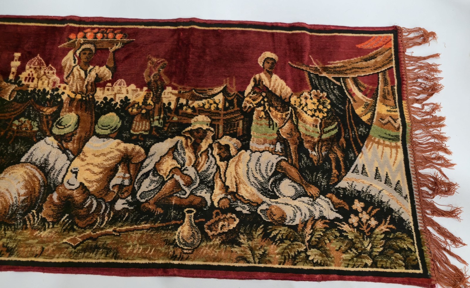 Vintage Middle Eastern Desert Marketplace Velvet Tapestry Fringed Rug 40″×22″