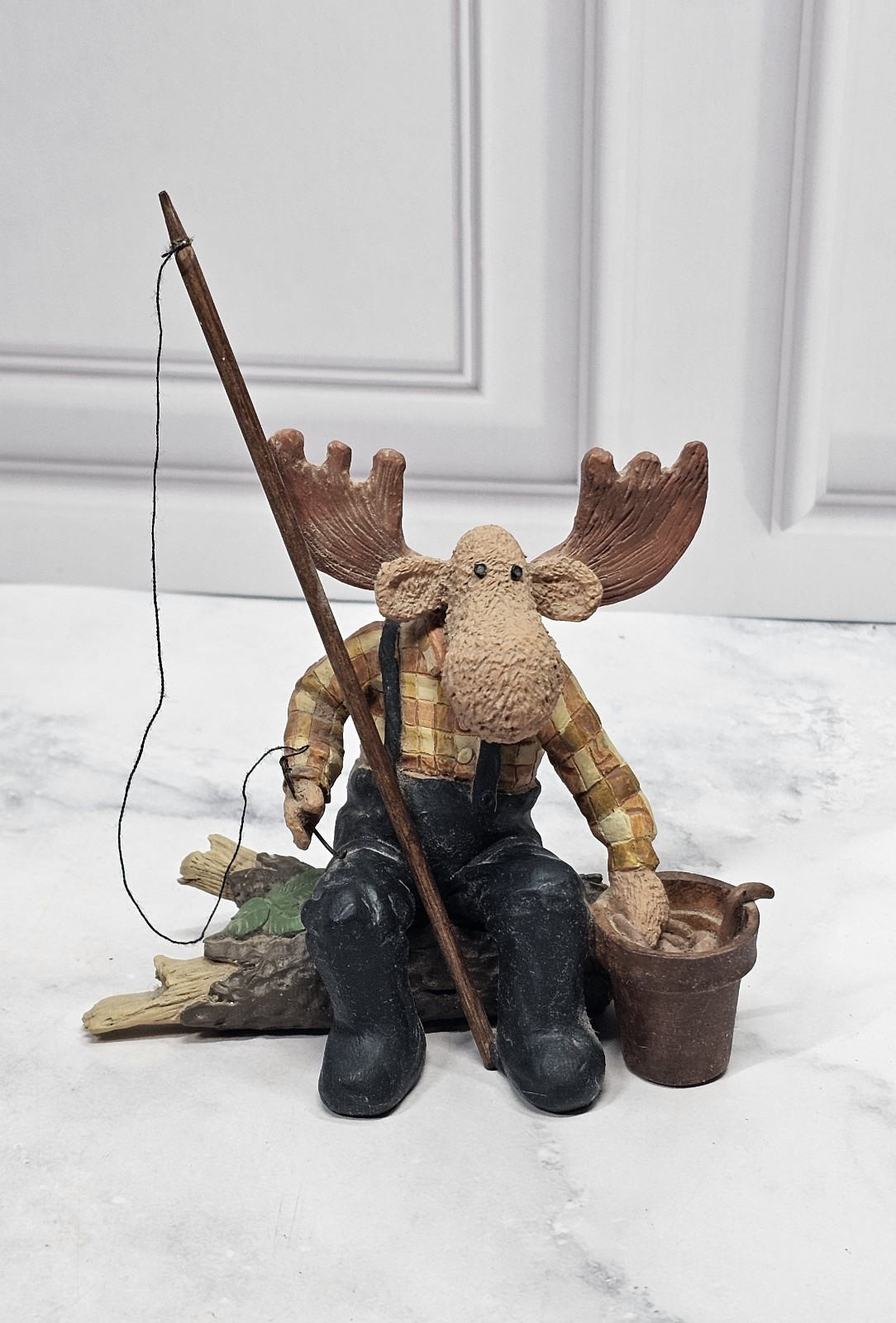 Moose Figurine/Statue In Overalls & Plaid Shirt Fishing On Log Resin