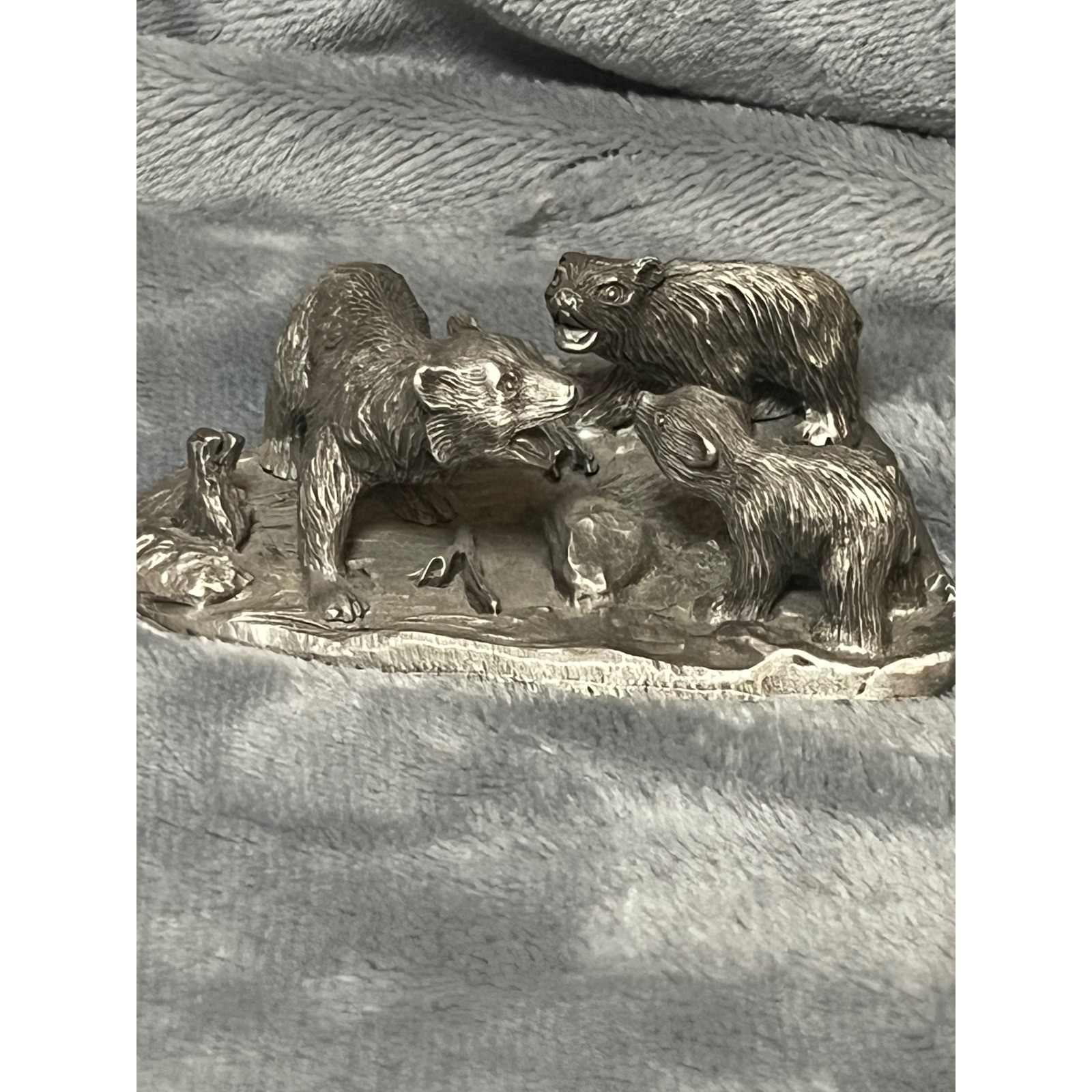 Vintage Fine Pewter Bear Family Figurine 4in Wildlife Sculpture Signed M