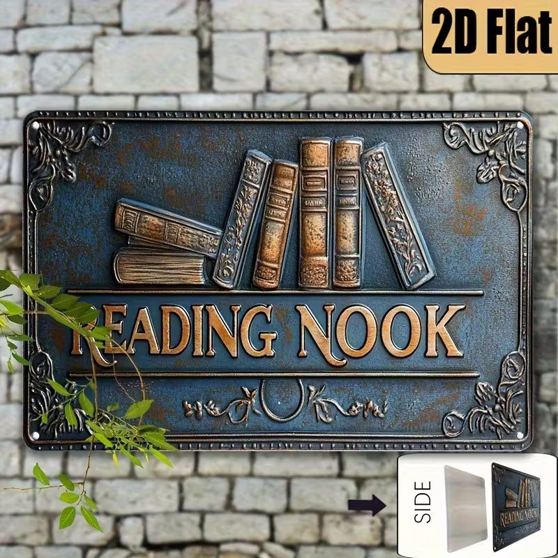 NEW Flat 2D 8×12 Rustic “Reading Nook” Iron Metal Sign w Vintage Books Graphic