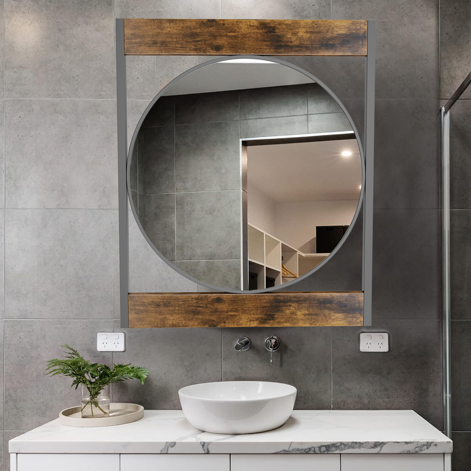Farmhouse Wood Frame Round Bathroom Mirror 30 in Wall Hanging Accent Mirror