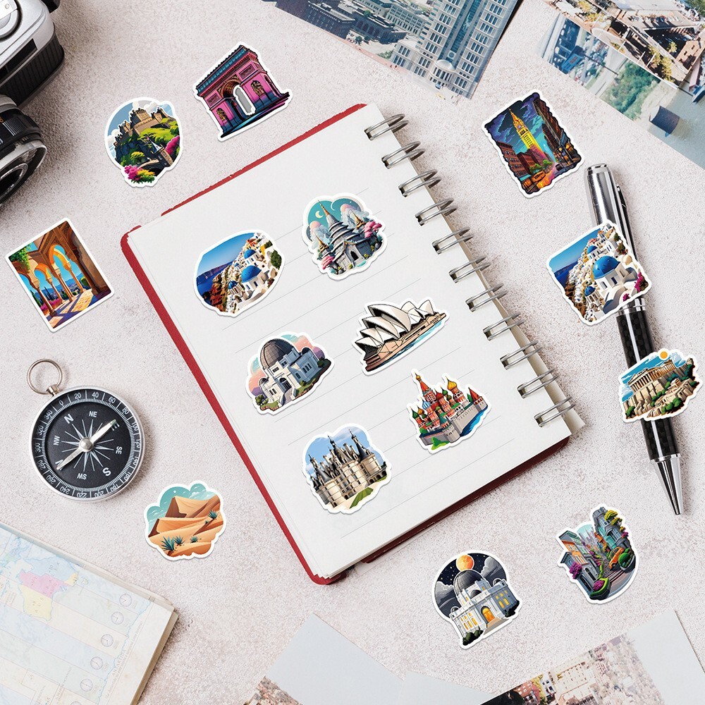50 Pcs Stickers Iconic Landmarks Travel Trip Vacation Luggage Phone Car Fridge