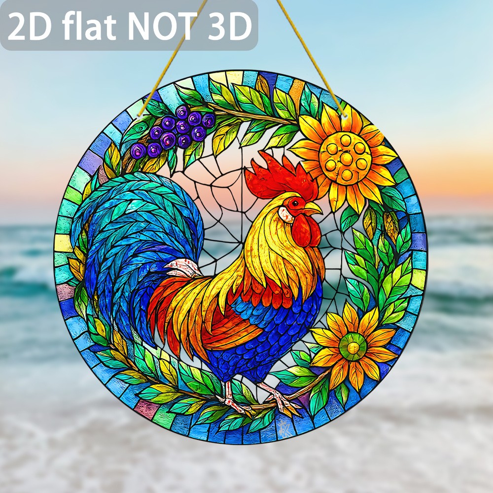 2D Flat Acrylic Rooster Sunflower Suncatcher Colorful Farm Animal Window Decor
