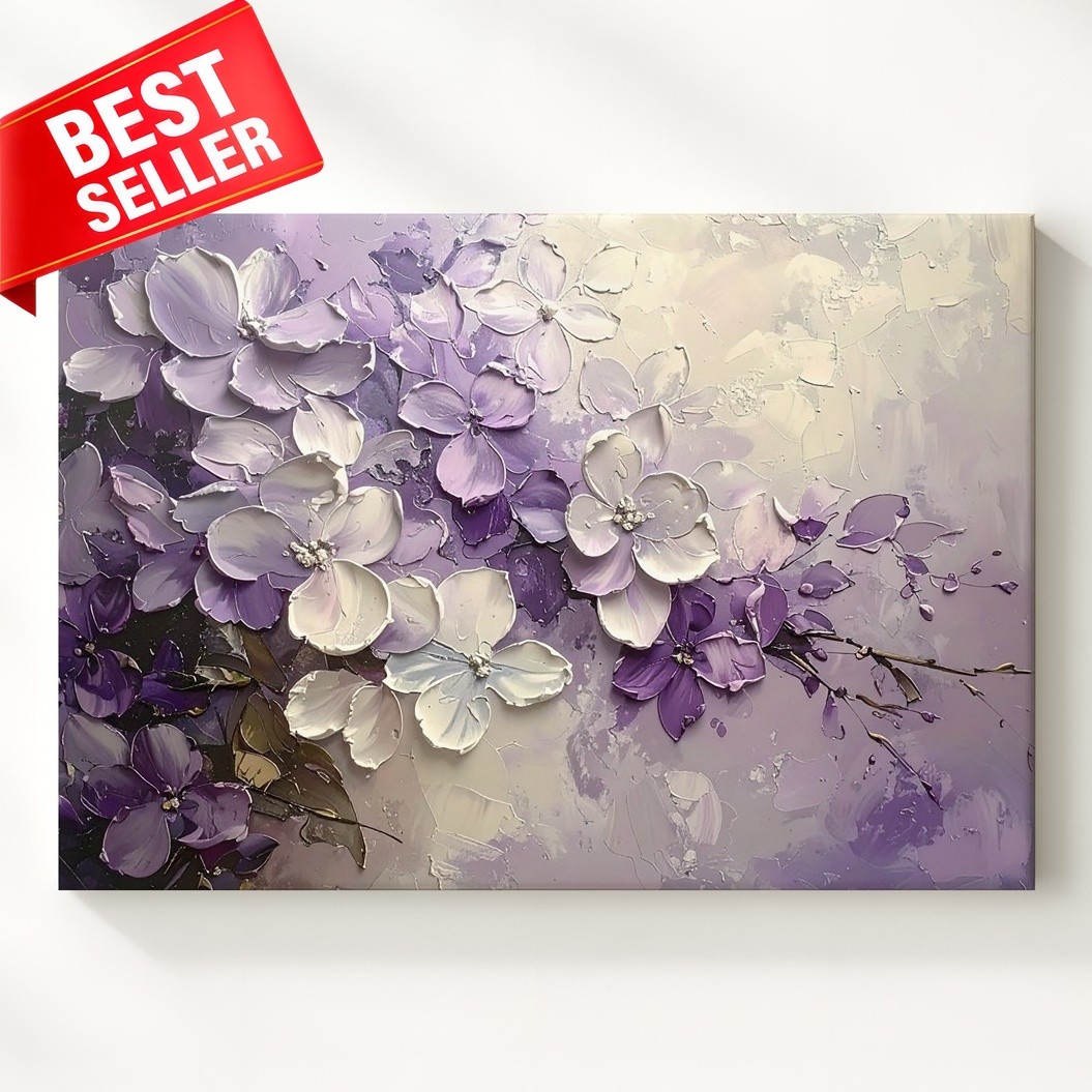 Pastel White Flowers Dreamy Lilac Whisper Impasto Textured Tones Canvas Wall Art