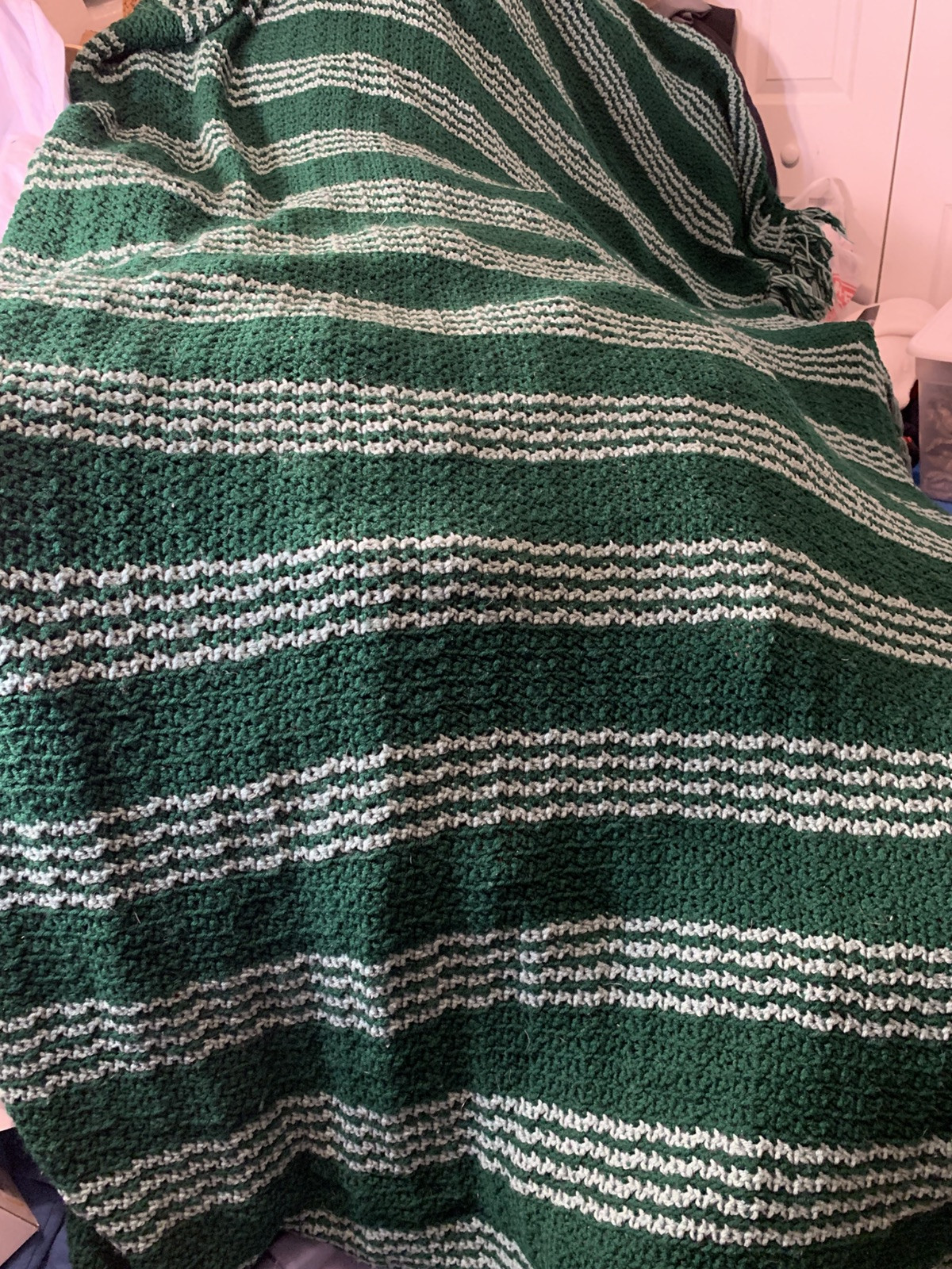Vtg Handcrafted Crochet Knitted Afghan Throw Blanket Green White 94” X 78”