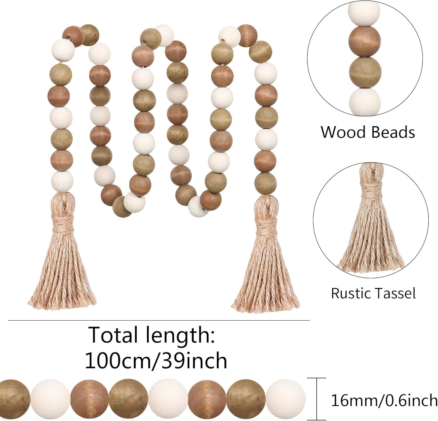 Wood Bead Garland, 39in Farmhouse Beads with Tassels for Tiered Tray Decor