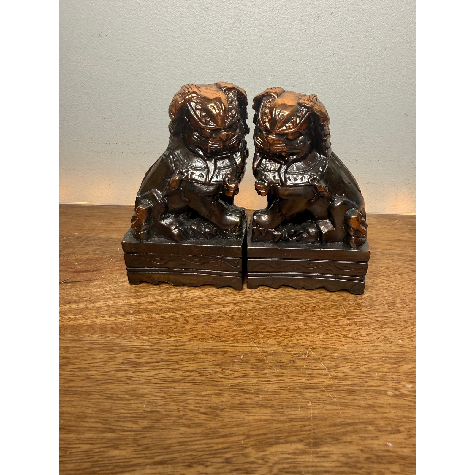 Vintage Bronze Tone Foo Dog Bookends Chinese Guardian Lion Statues Pair 5 Inch