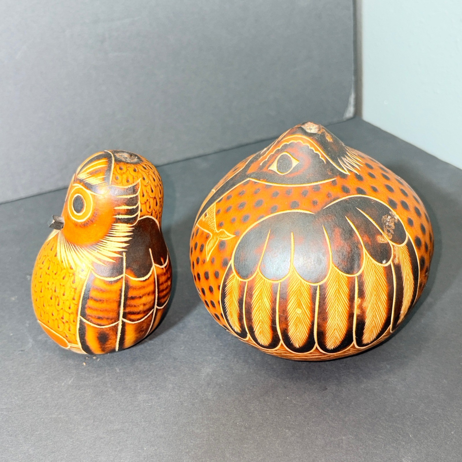 Peruvian Hand Carved Gourd Birds Decorative Figurine Peru Signed By Artist Set 2