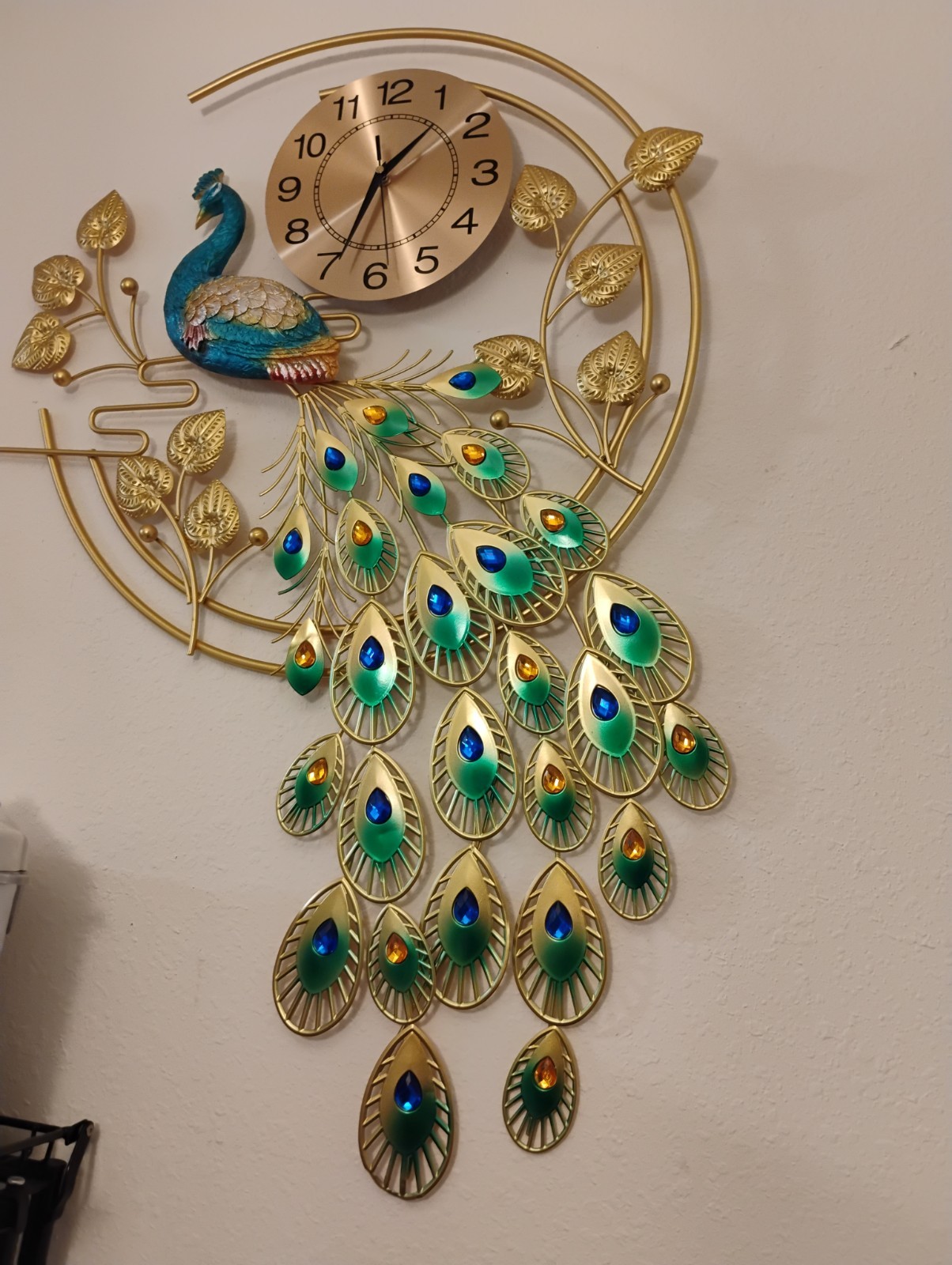 Gold Peacock Metal Wall Clock Analog Display Arabic Numerals Green/Blue Accents