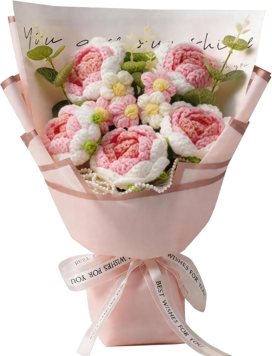 Crochet Flower Bouquet, Handmade Milk Cotton Rose Flowers for Mother’s Day, Pink