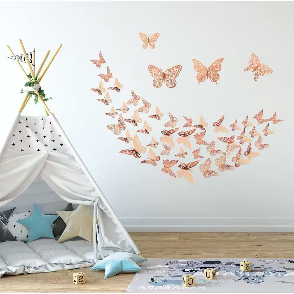 96-Piece 4.7 In. X 4.7 In. Rose Gold 3D Removable Butterfly Wall Decal