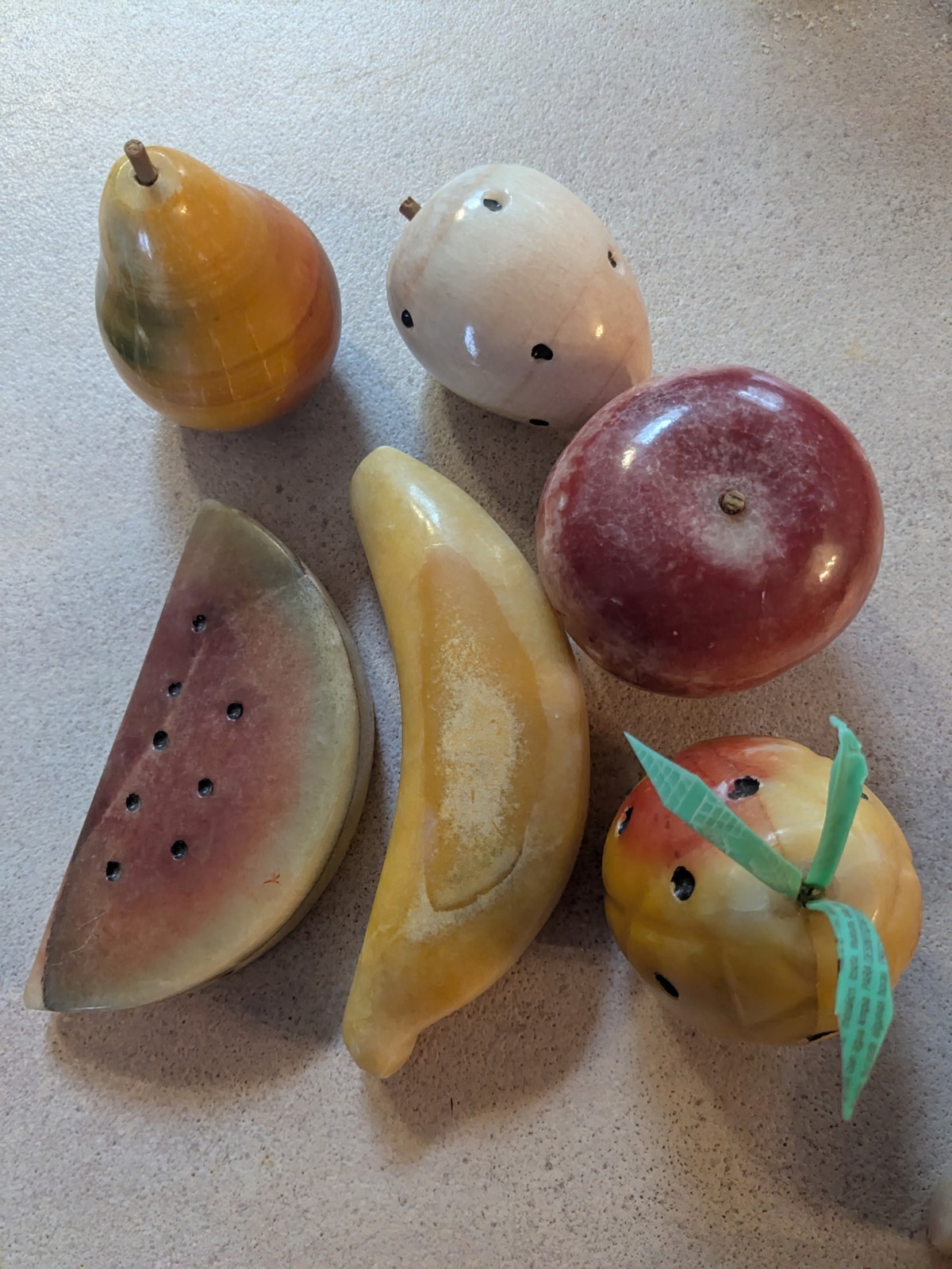 Italian hand carved Set of 6 Marble Fruit Watermelon, Banana, Pear, Apple,