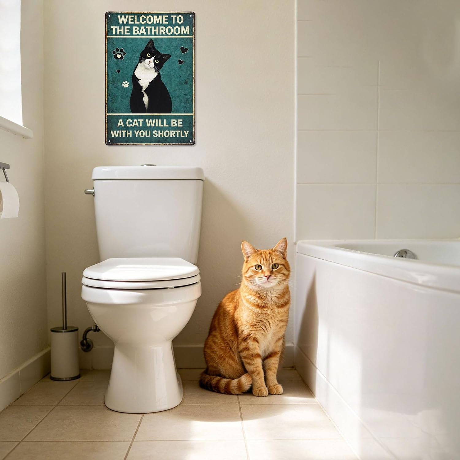 Funny Cat Bathroom Wall Art, 30X20Cm/12X8In Welcome to the Bathroom a Cat Will B
