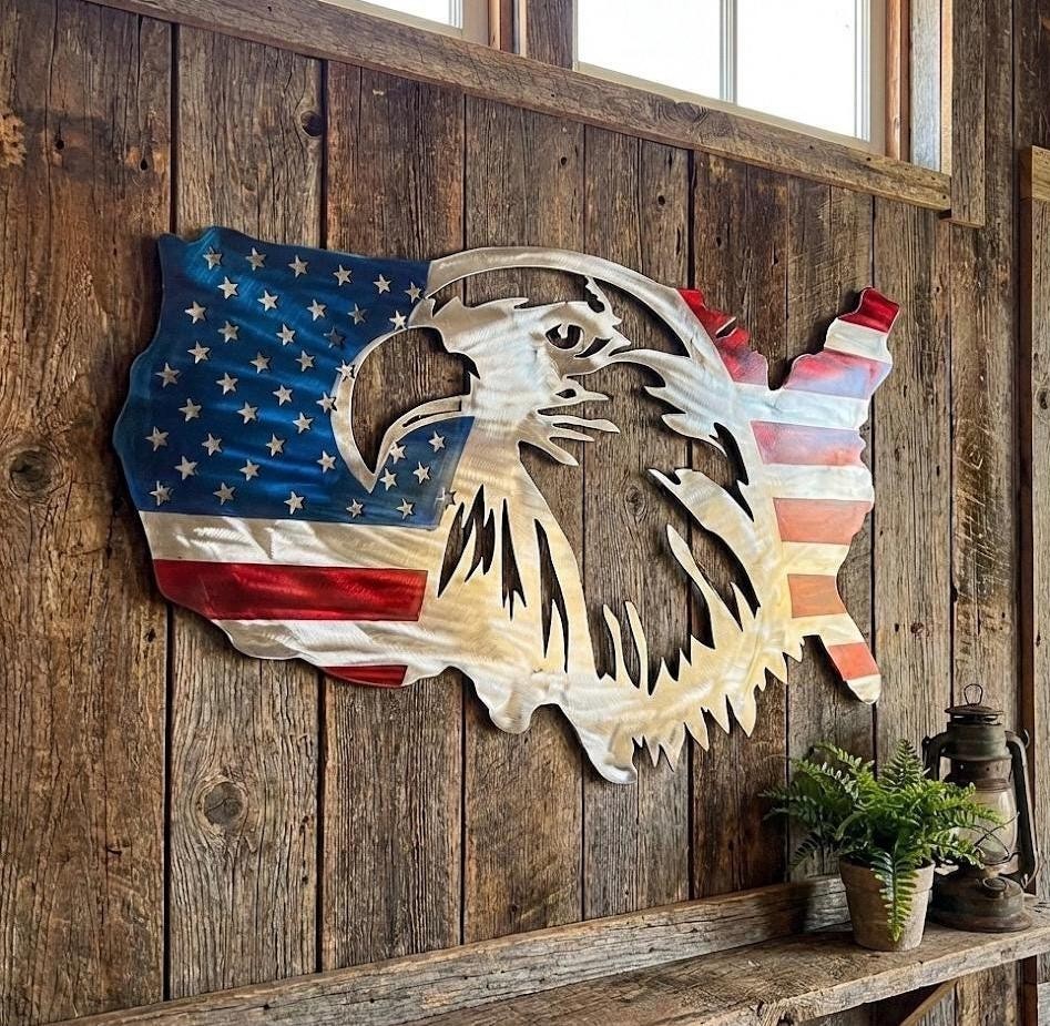 Metal American Bald Eagle Map Flag Sign | Patio Decor | USA Plasma Wall Art
