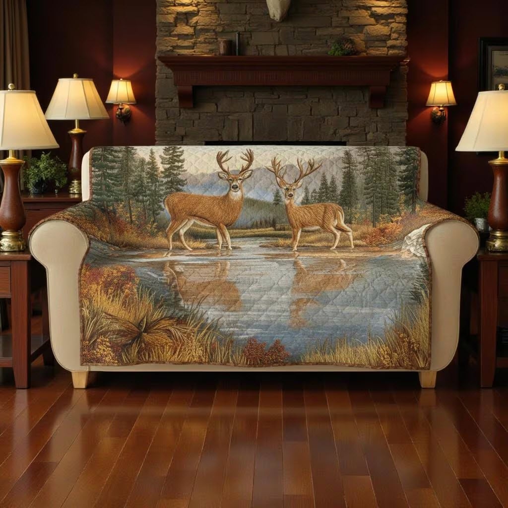 Deer Hunting Quilted Sofa Cover Rustic Farmhouse Holiday Living Room Protector