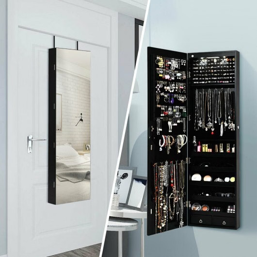 Wall and Door Mounted Mirrored Jewelry Cabinet with Lights-Black – Color: Black