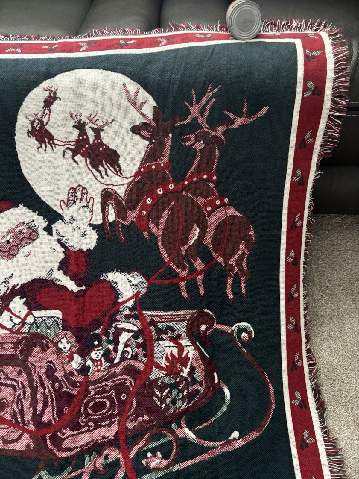 Vintage 90s Christmas Woven Tapestry Throw Blanket Santa Sleigh Reindeer 48×66