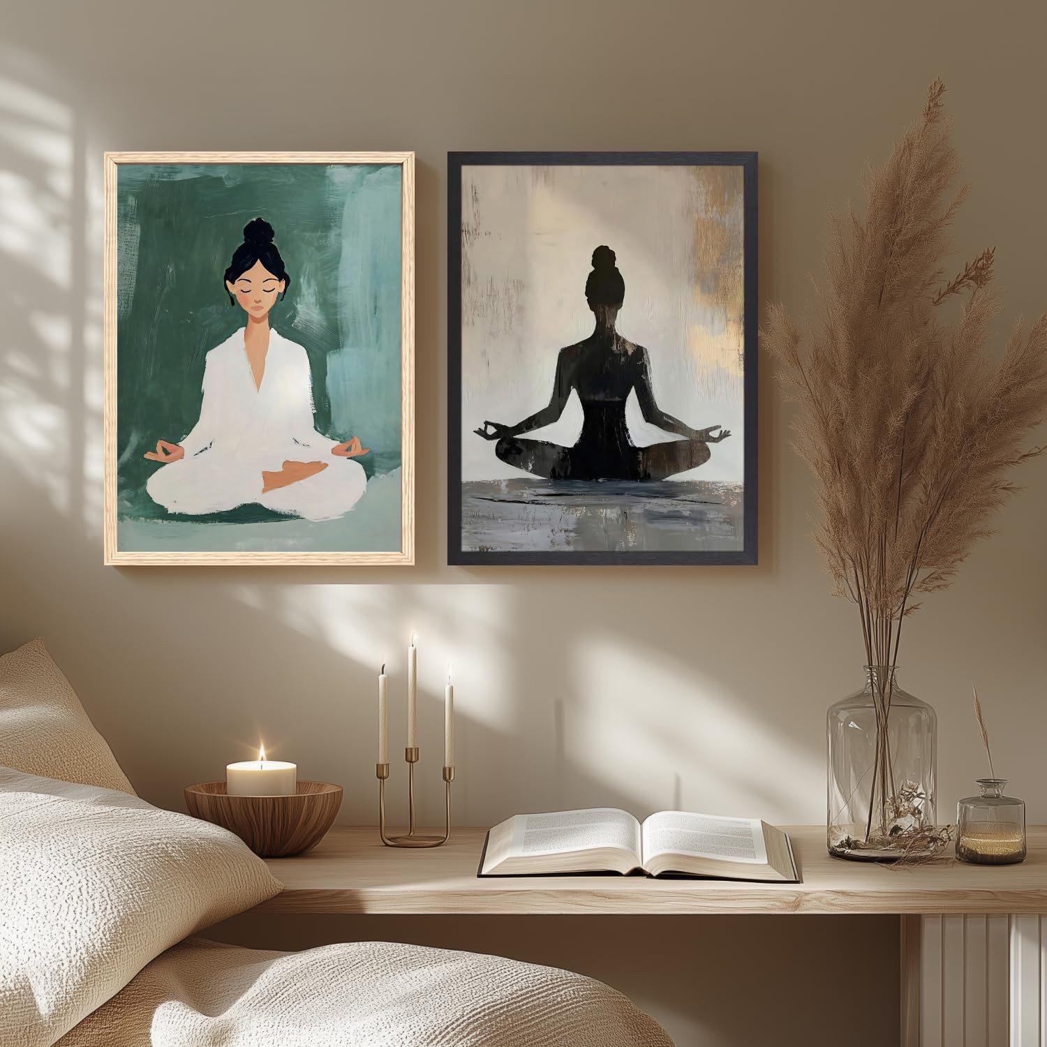 Wood Framed Zen Wall Art, Modern Yoga Girl Canvas Painting, Tranquil Meditati…