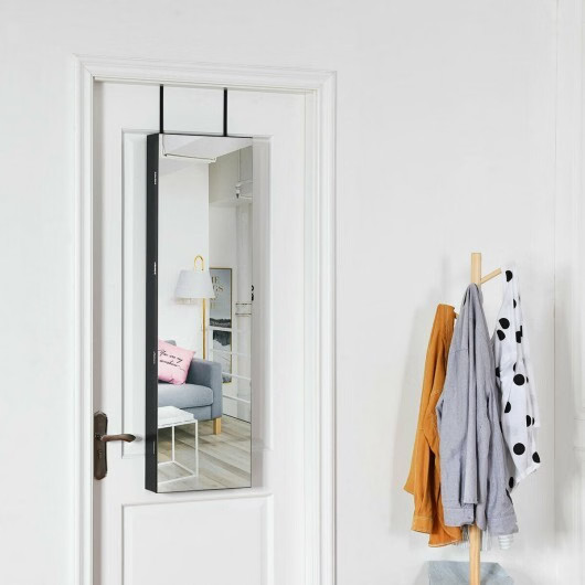 Wall and Door Mounted Mirrored Jewelry Cabinet with Lights-Black – Color: Black