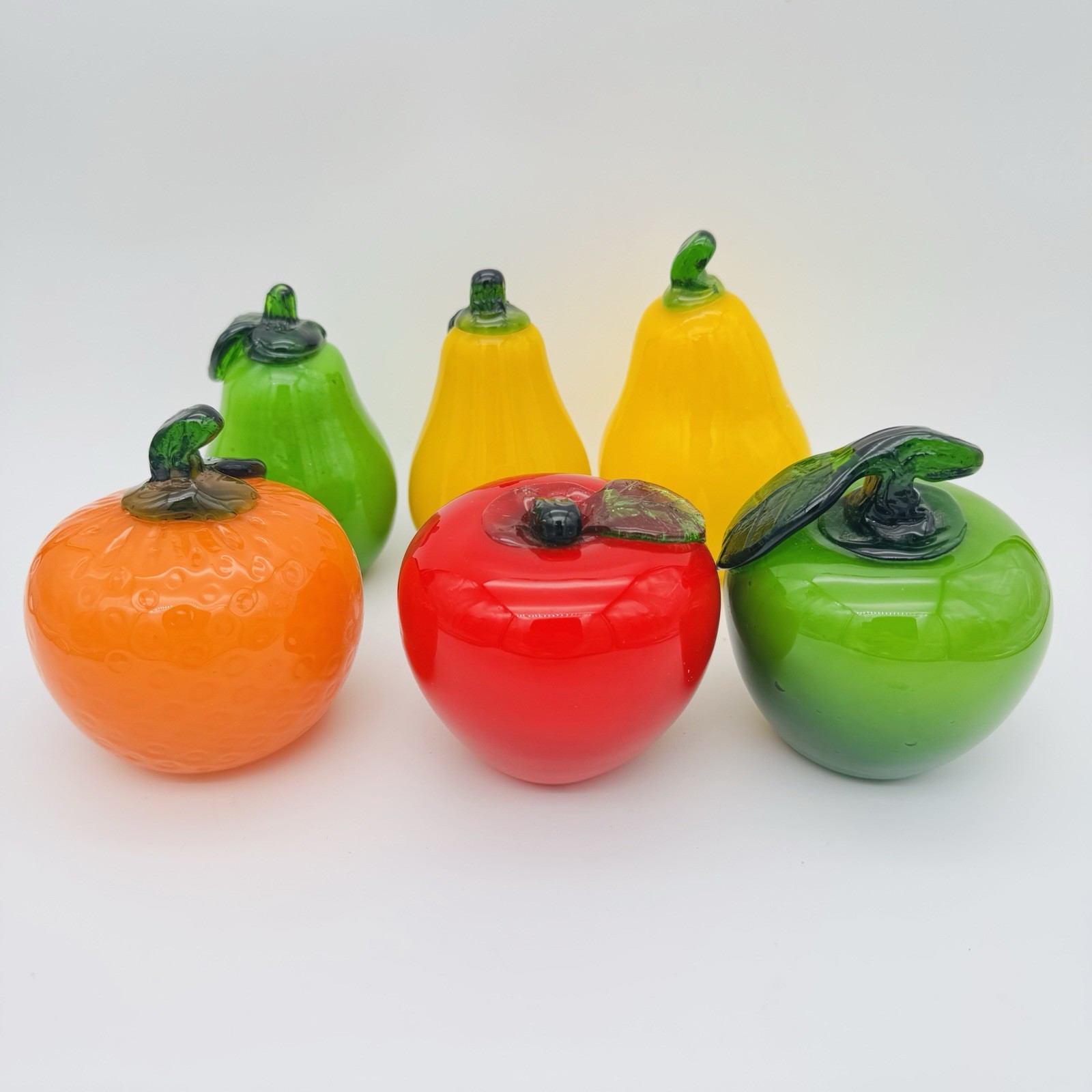 Hand Blown Art Glass Fruit Lot of 6 Murano Style Apple Orange Pear