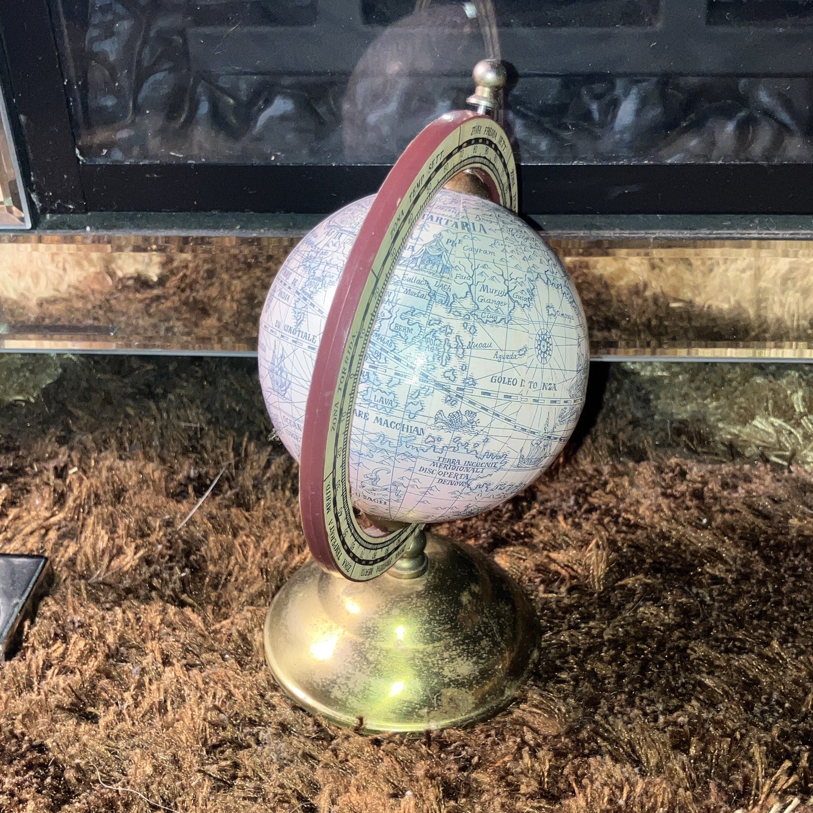 Rotating Decorative Tabletop Globe w/ Metallic Metal Base, Blue/White/Gold