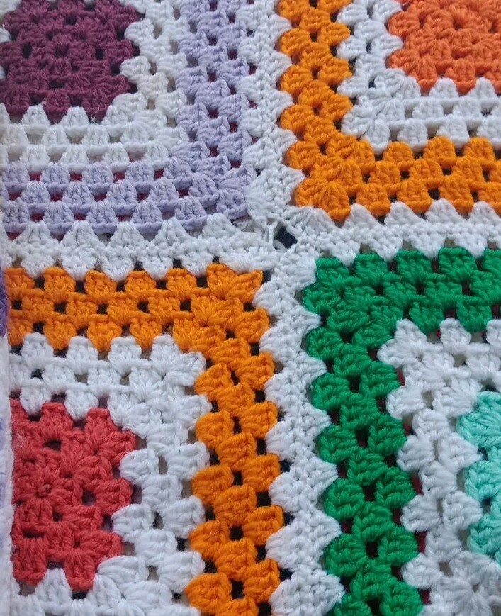 Granny Square Crochet Afghan Throw Blanket White Multi Color 62×50″ Handmade Vtg