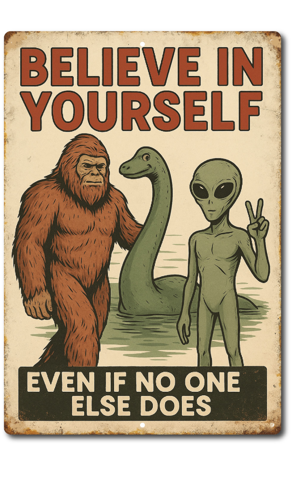 Believe in Yourself Tin Sign Funny Bigfoot Alien Loch Ness 8×12 Aluminum Wall De