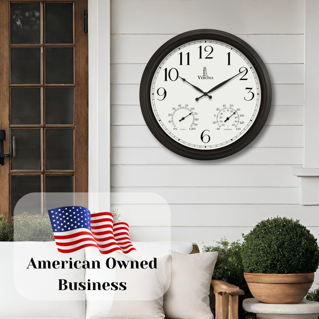 24 Inch Outdoor Clocks for Patio Large Waterproof with Thermometer – Black