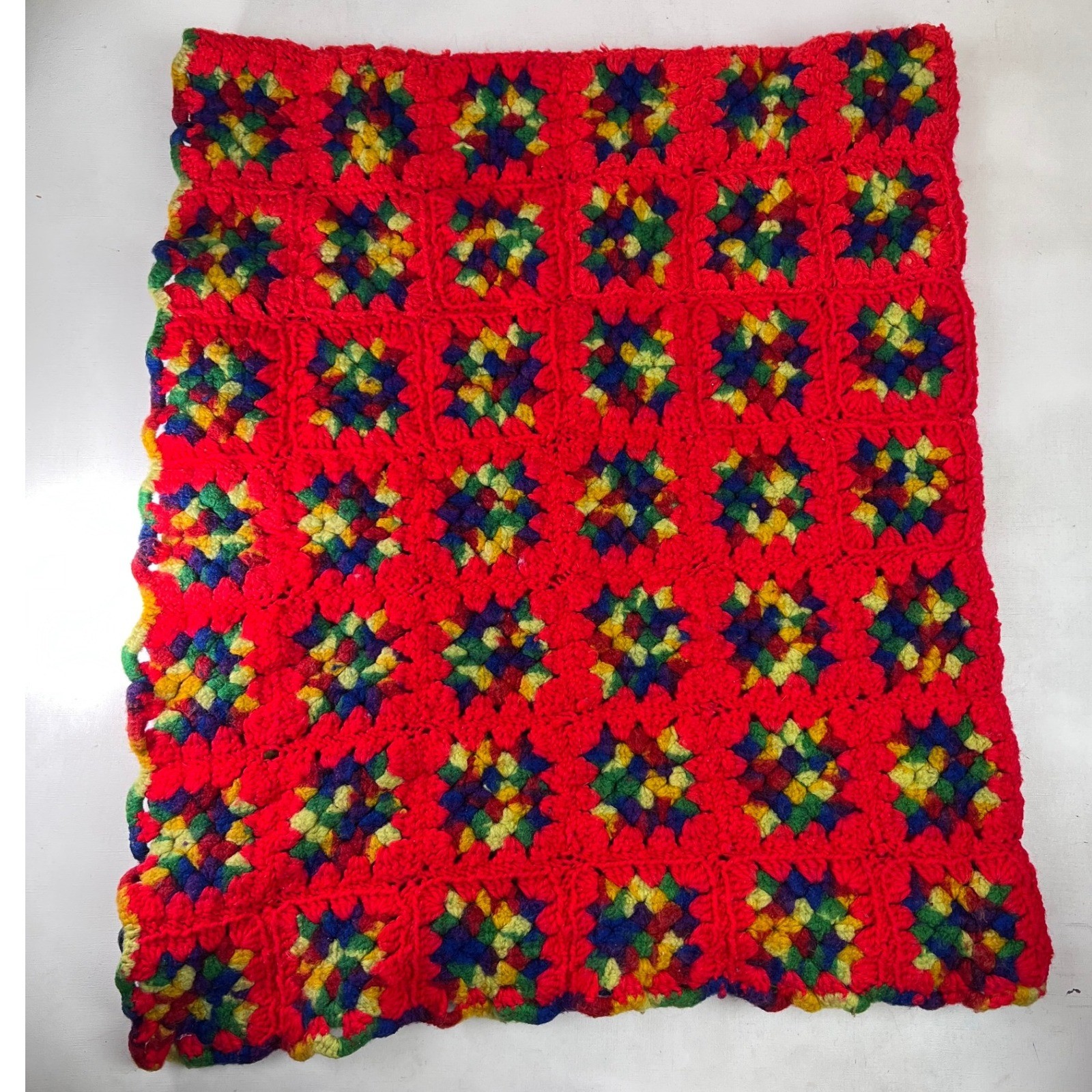 Red Crochet Granny Square Blanket Afghan Colorful Handmade Throw 66×52