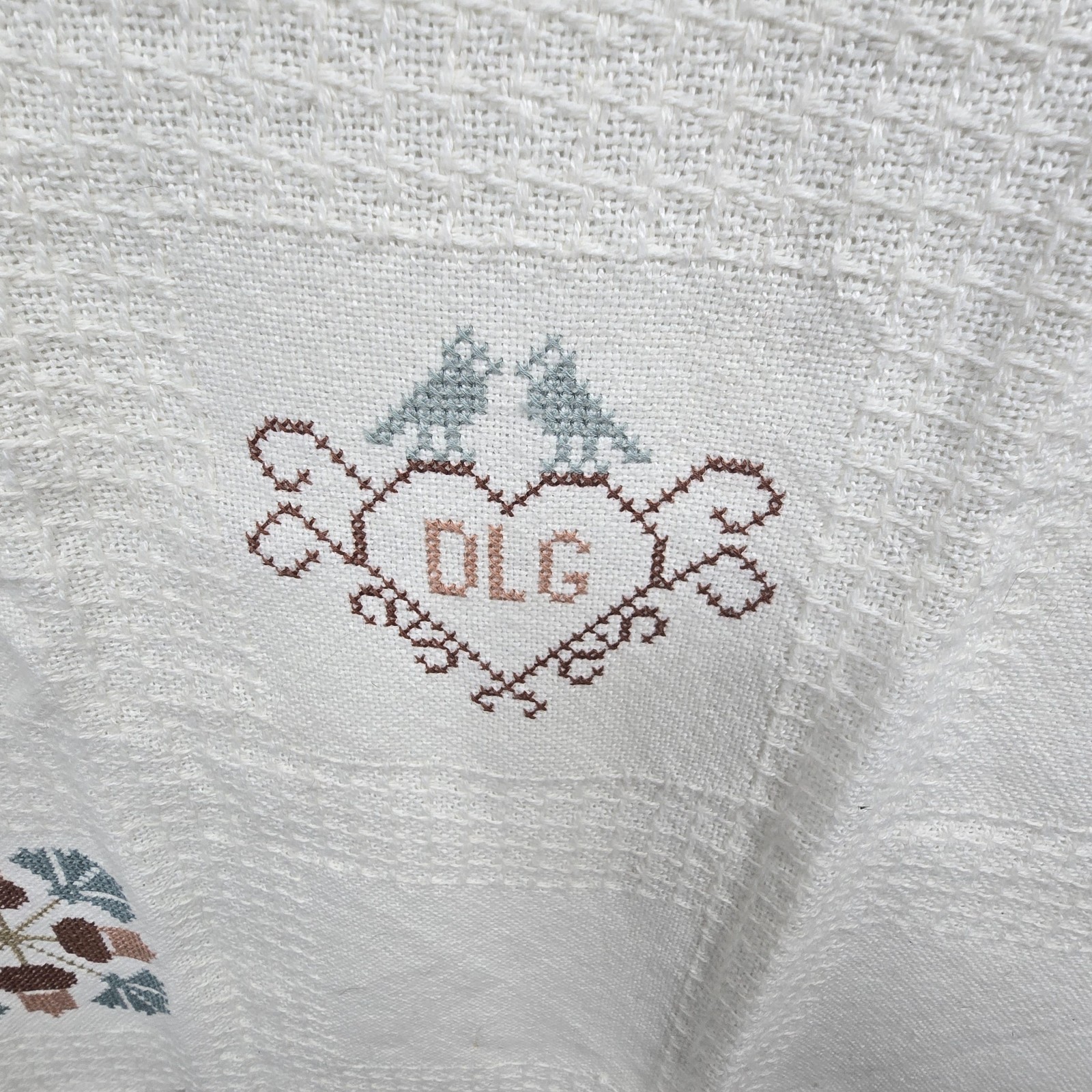 Vintage 1989 Hand Embroidered Sampler Throw Blanket Fringed Cream Folk Art 48×37