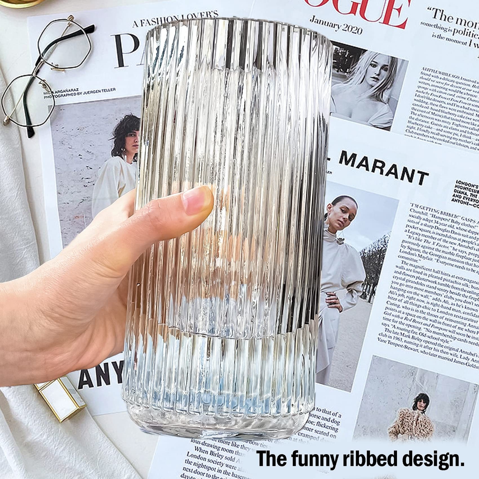 Muyan 9.8″ Flower Vase for Decor Ribbed Glass Vase Modern for Centerpieces De…