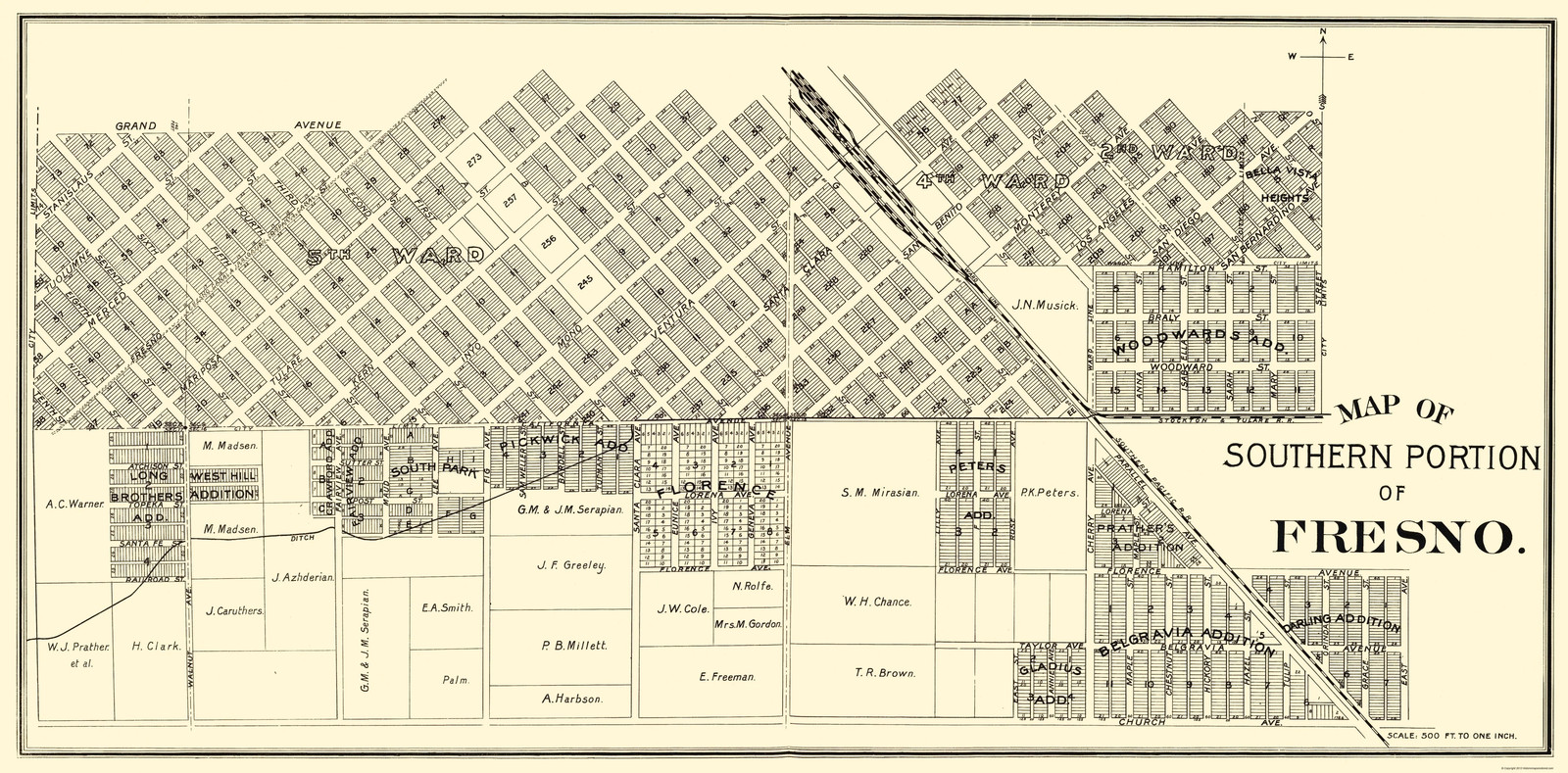 Historic City Map – Fresno Southern California – Thomas 1892 – Vintage Wall Art