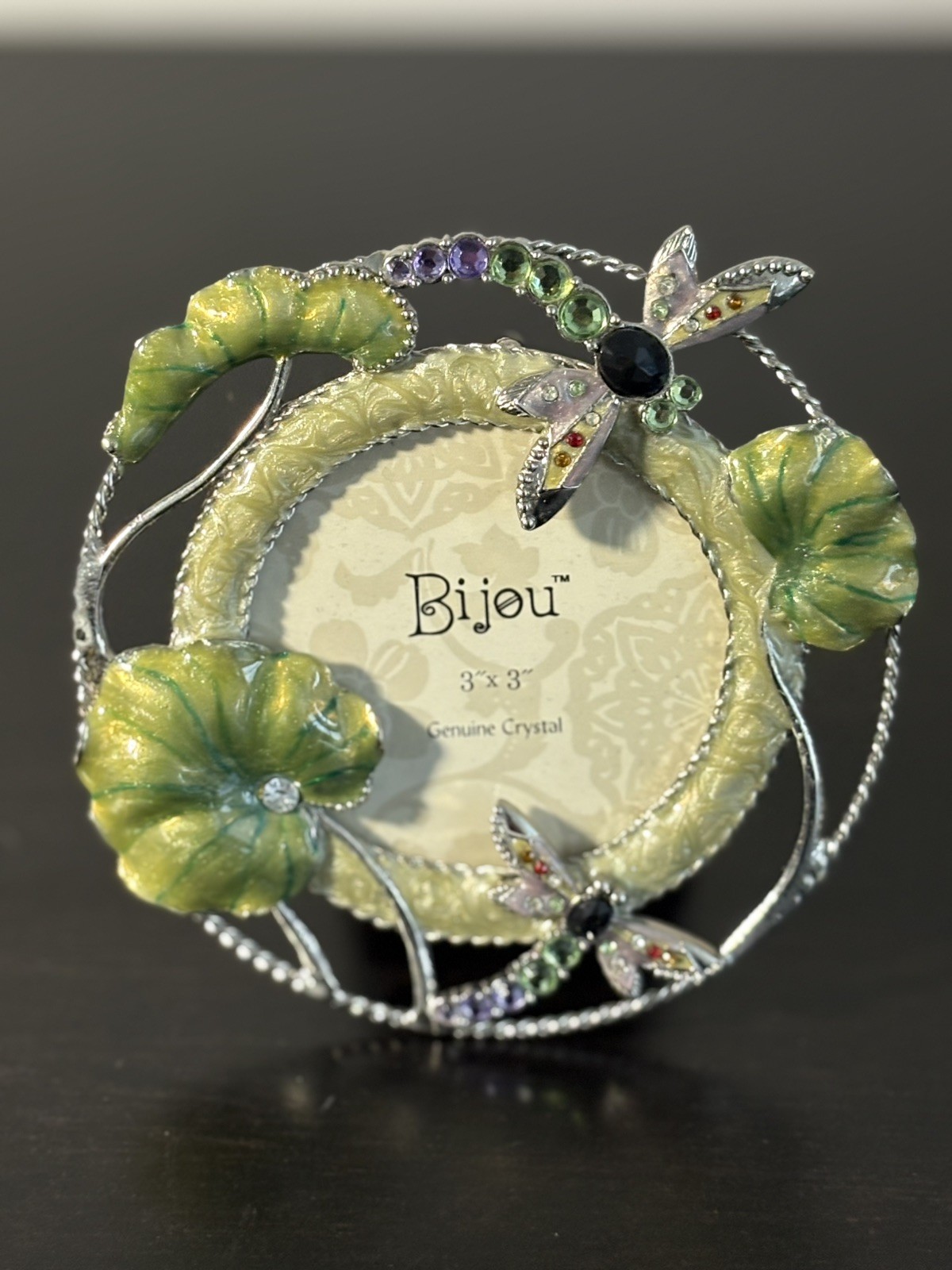 Bijou Enameled Dragon Fly Lily pad genuine Crystal 3×3 Pewter Picture Frame New