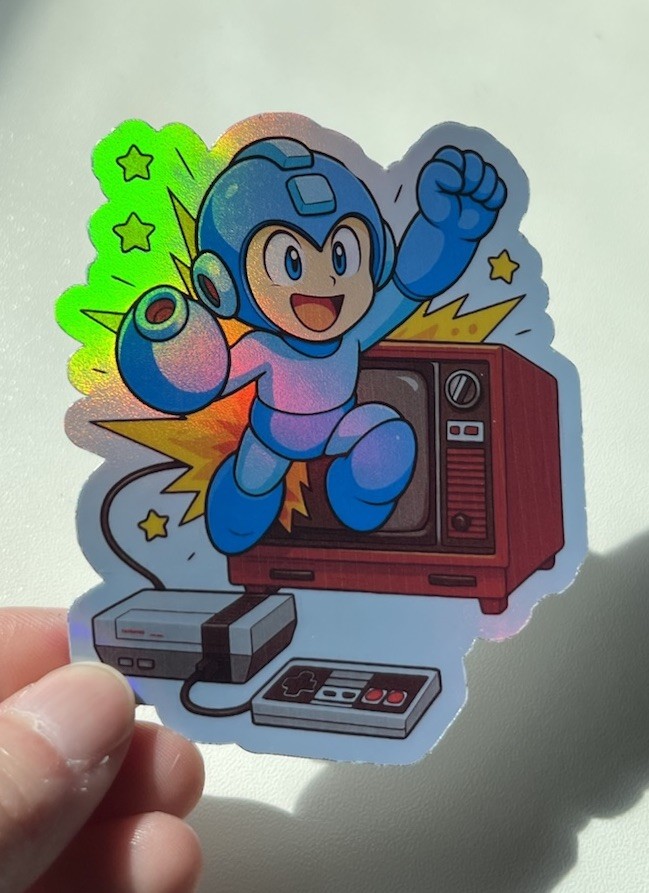 Mega man Retro Tv 3 Inch Waterproof Holographic Vinyl Sticker