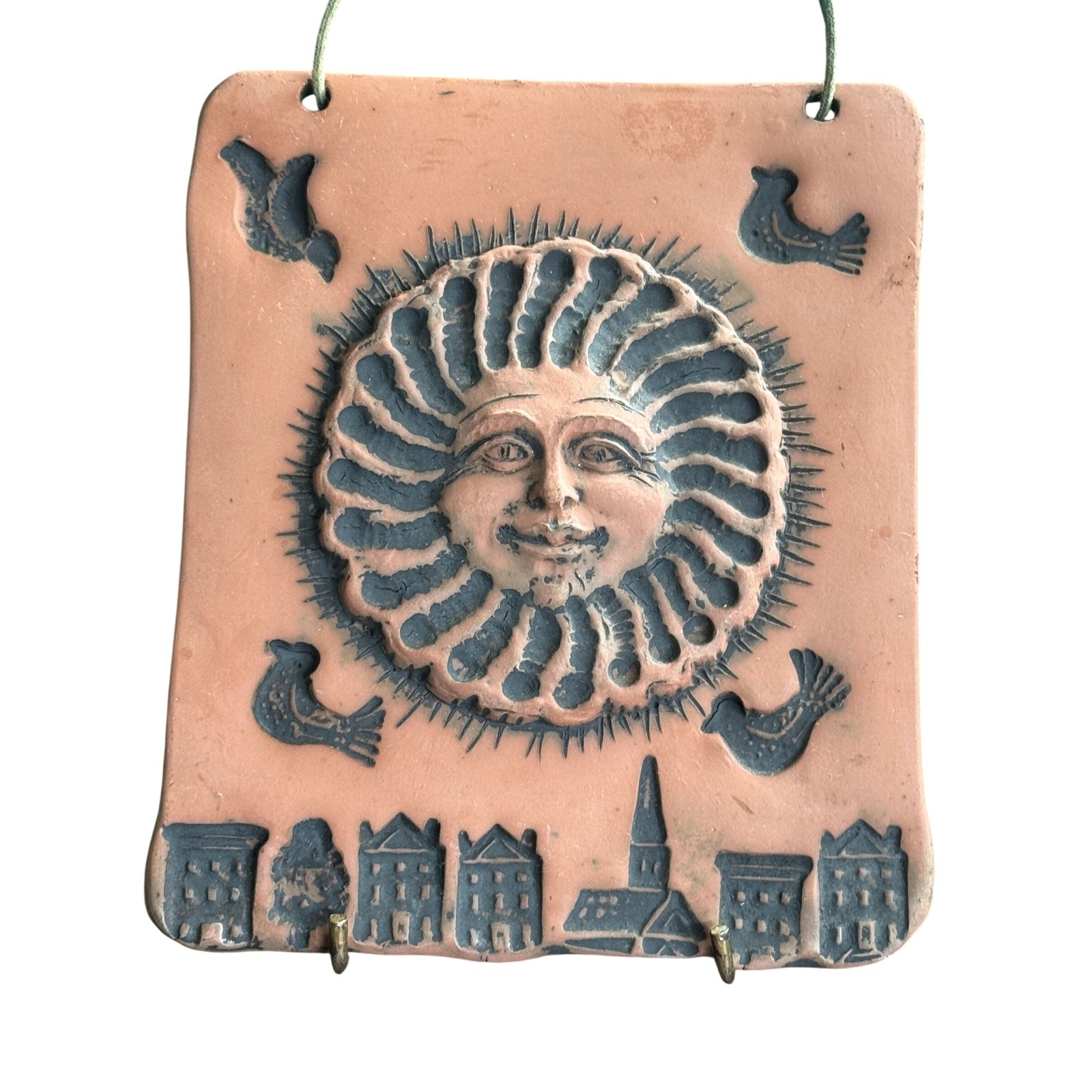 Barbara Sexton 1993 Terracotta Celestial Sun Face Village Wall Plaque Art Tile