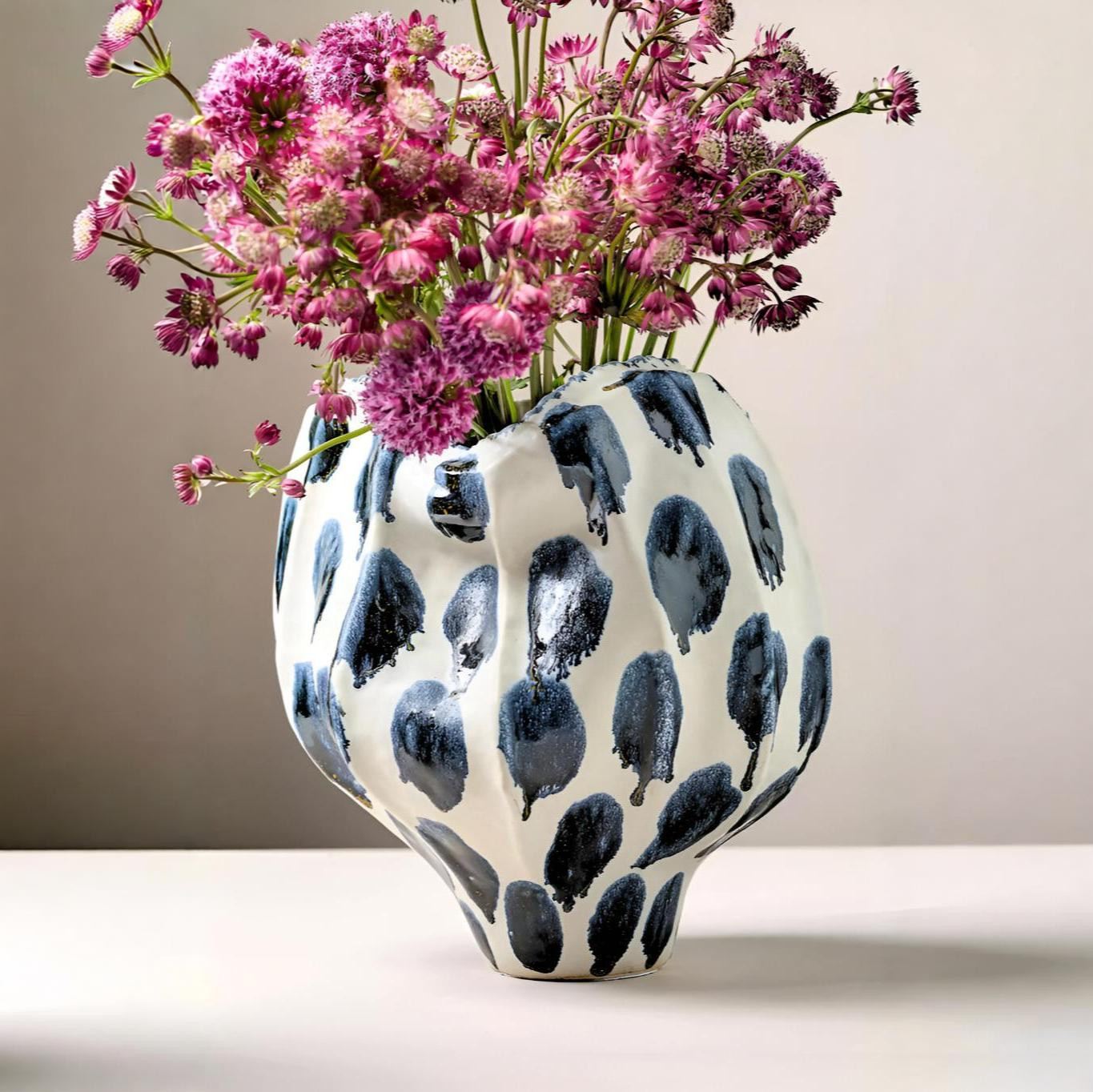New Abstract Modern Porcelain Centerpiece Vase or Cachepot in Blue & Ivory 12″