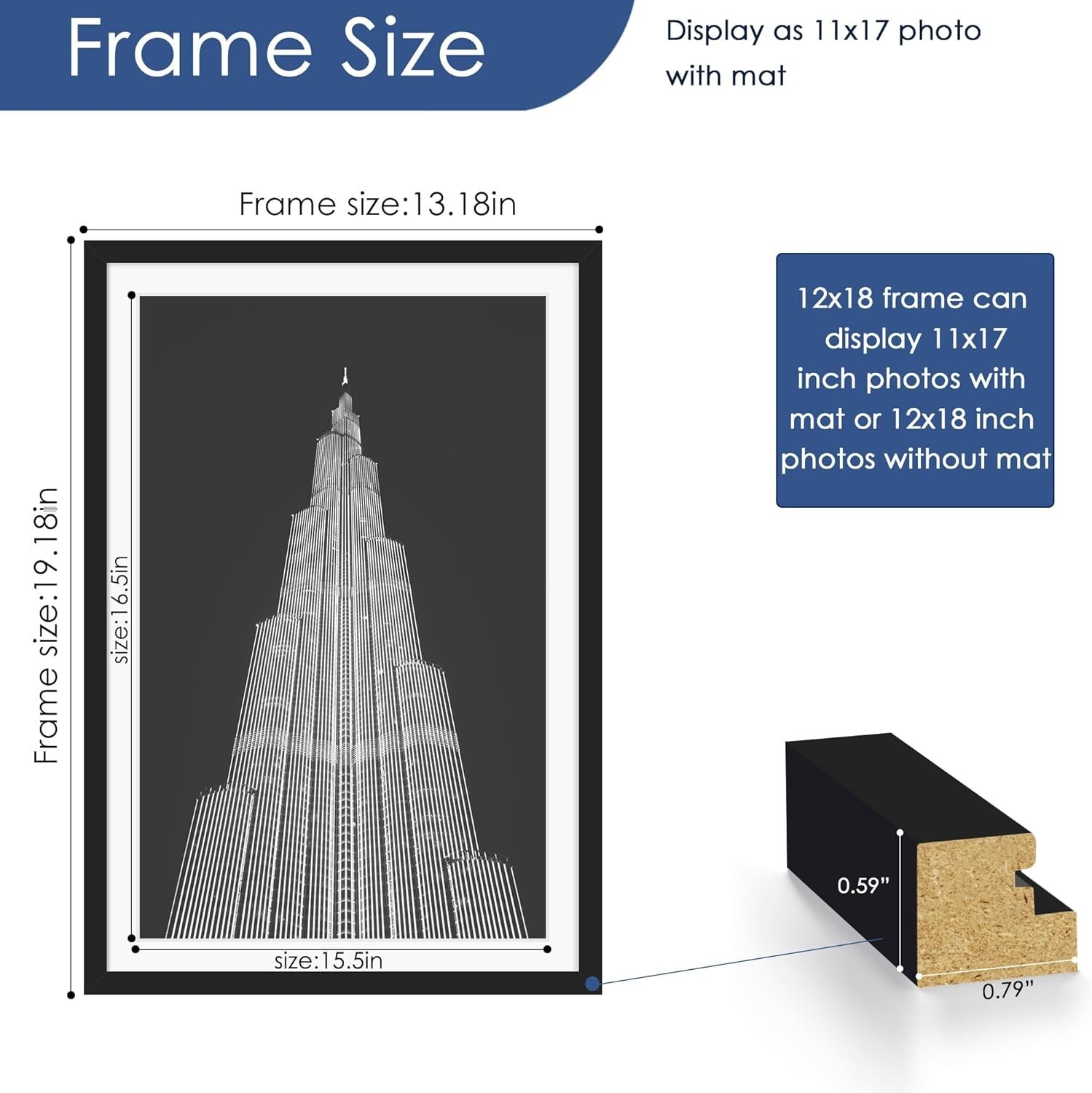 12×18 Picture Frame Set of 6, Display Pictures 11×17 with Mat or 12×18 withou…