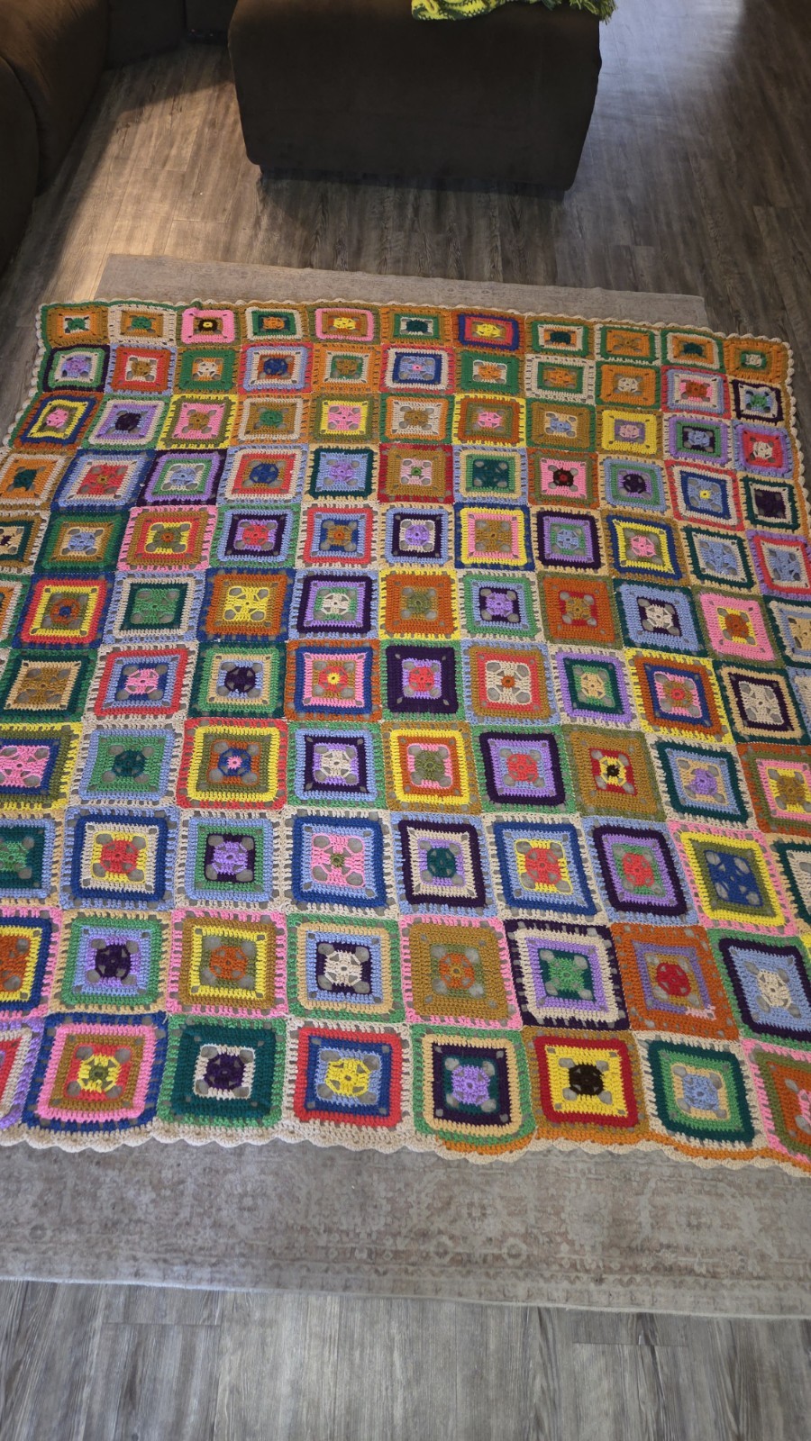 Vtg Colorful Granny Square Crochet Afghan Blanket Throw Roseanne Couch 94”X85”