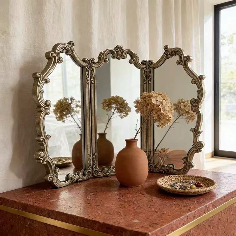 French Antique Silver Vanity Mirror Ornate Tri Fold Dressing Table Mirror