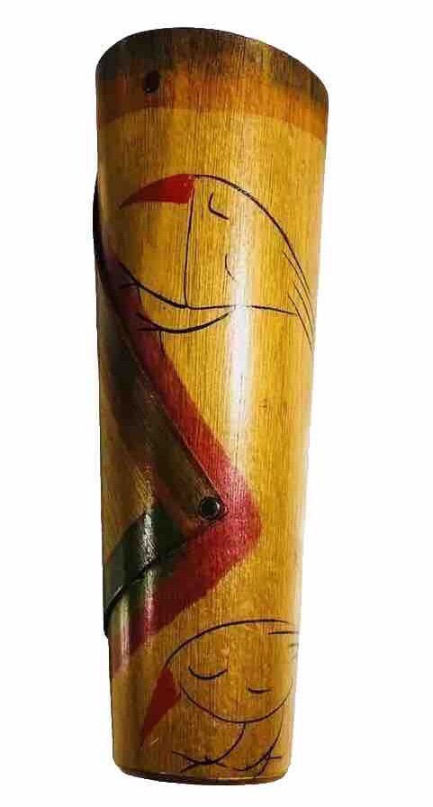 Kakadu Art Israel Wood Cylinder Vase Handpainted Signed Reut Shahar 12” Tall