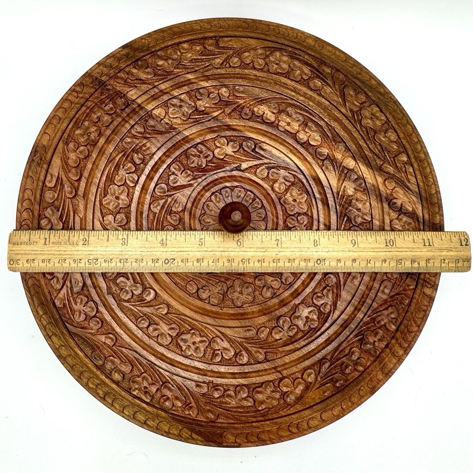 Decorative Pakistani Hand Carved 5 Compartment Lidded Wood Bowl Floral, 11.5″